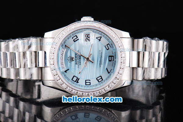 Rolex Day-Date Oyster Perpetual with Diamond Bezel,Light Ocean Blue Dial and Black Number Marking - Click Image to Close